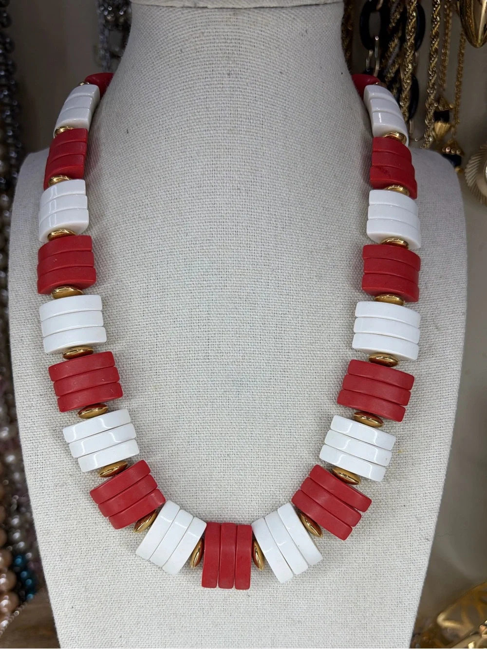 Vintage Necklace Red White Gold Tone Hook Closure Retro Jewelry 1980s Avon